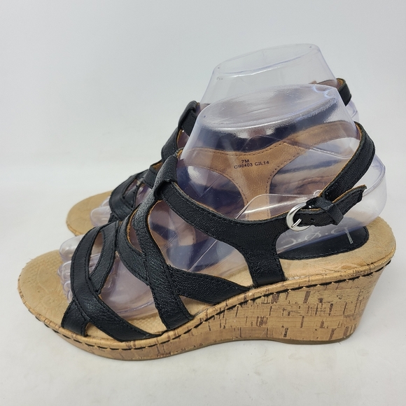 Born Boc Black Leather Cork Wedge Platform Sandals - Picture 7 of 7